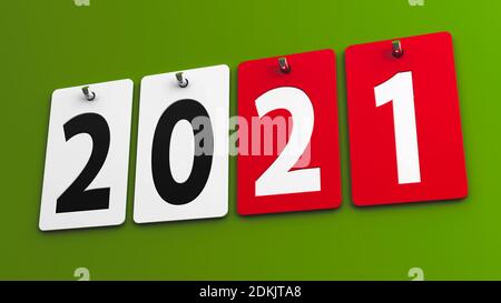 Piastre 2021 sulla parete verde, rappresenta il nuovo anno 2021, rendering tridimensionale, illustrazione 3D Foto Stock