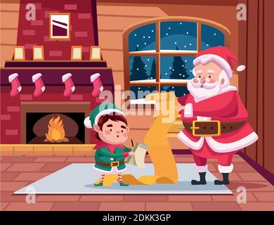 carino babbo natale e aiutante lettura regali elenco vettore scena disegno dell'illustrazione Illustrazione Vettoriale