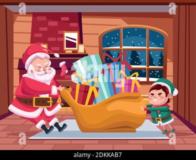 carino babbo natale e helper con regali borsa personaggi scena disegno di illustrazione vettoriale Illustrazione Vettoriale