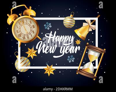 felice anno nuovo con icone set celebrazione in piazza disegno dell'illustrazione vettoriale del telaio Illustrazione Vettoriale