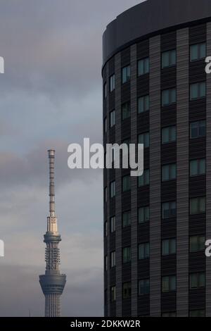 Tokyo Skytree visto da Ueno in una serata nuvolosa. Tokyo, Giappone Foto Stock