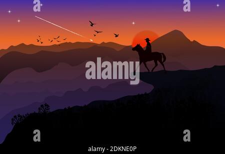 immagine grafica l'uomo cavalcare cavallo su montagna silhouette crepuscolo è un tramonto con sfondo di montagna, disegno vettoriale illustrazione Illustrazione Vettoriale