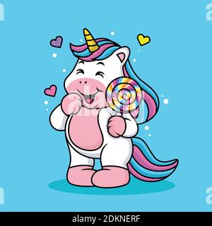 Carino cartoon Unicorn portare Lollipop con espressione Cuta Foto Stock