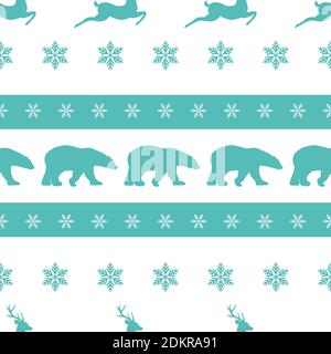 Modello invernale senza cuciture con fiocchi di neve bianchi, orsi polari e cervi con antlers. Ornamento di Natale piatto vettore su sfondo blu polvere. Inverno re Illustrazione Vettoriale