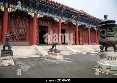 Drago di bronzo e statua di phoenix fuori della Hall of Benevoence E longevità Renshou Dian Palazzo d'Estate Pechino Foto Stock