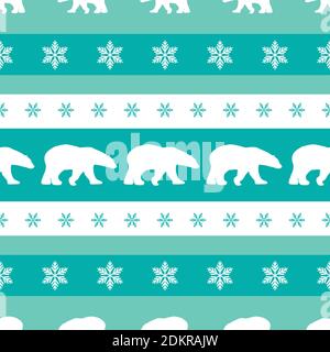 Modello invernale senza cuciture con fiocchi di neve bianchi, orsi polari e cervi con antlers. Ornamento di Natale piatto vettore su sfondo blu polvere. Inverno re Illustrazione Vettoriale
