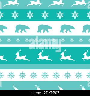 Modello invernale senza cuciture con fiocchi di neve bianchi, orsi polari e cervi con antlers. Ornamento di Natale piatto vettore su sfondo blu polvere. Inverno re Illustrazione Vettoriale