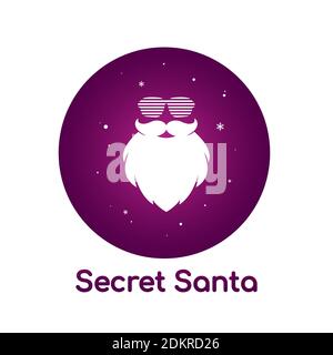 Poster Babbo Natale segreto. Silhouette Claus Face con barba e occhiali da sole Hipster su sfondo bianco. Etichetta per il party o il biglietto d'auguri. Vettore illus piano Illustrazione Vettoriale