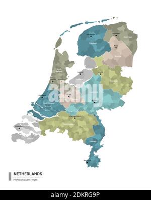 Paesi Bassi mappa dettagliata con suddivisioni. Mappa amministrativa dei Paesi Bassi con il nome di distretti e città, colorata da stati e amministrativ Illustrazione Vettoriale