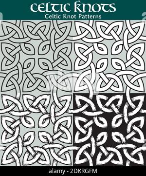 4 diverse versioni di un pattern senza giunture con nodi celtici: Con riempimento bianco, senza riempimento, con ombre e sfondo nero. Illustrazione Vettoriale