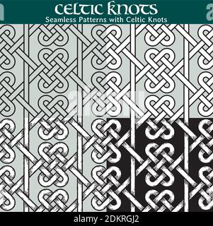 4 diverse versioni di un pattern senza giunture con nodi celtici: Con riempimento bianco, senza riempimento, con ombre e sfondo nero. Illustrazione Vettoriale