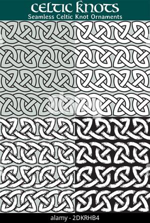 4 diverse versioni di un pattern senza giunture con nodi celtici: Con riempimento bianco, senza riempimento, con ombre e sfondo nero. Illustrazione Vettoriale