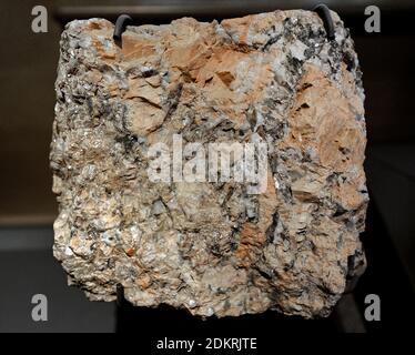 Pegmatite. Roccia ignea, formata sottoterra, con cristalli interbloccanti di solito di dimensioni superiori a 2.5 cm. La maggior parte dei pegmatiti si trovano in fogli di roccia vicino a grandi masse di rocce ignee chiamate batoliti. Dalla Germania. Museo di Storia Naturale, Berlino, Germania. Foto Stock