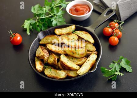 Spicchi di patate fritte con spezie in padella Foto Stock