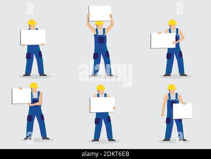 Set di sei illustrazioni vettoriali di operai edili in blu tuta e elmetto giallo con cartellone vuoto e copia spazio isolato sulla parte posteriore grigia Illustrazione Vettoriale