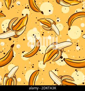 Modello estivo senza cuciture con banane e bucce. Sfondo giallo ripetitivo con frutti esotici e tropicali. Illustrazione Vettoriale