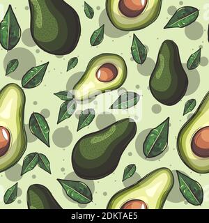 Motivo senza cuciture verde con frutta e foglie di avocado. Esperienza estiva ripetitiva su nutrizione e cibo sano. Illustrazione Vettoriale