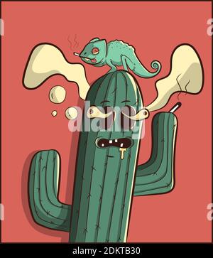 Cactus affumicante psichedelico con un iguana sulla testa. Il carattere cartoon è alto. Divertente illustrazione per tabasco e l'industria delle erbe infestate. Illustrazione Vettoriale