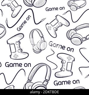 Geek modello senza interruzioni con gamepad e cuffie. Background ripetitivo con elementi tecnologici e hardware per il gaming. Illustrazione Vettoriale