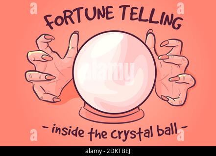 Vettore occulto delle mani della donna e una palla di cristallo. Fortune teller che predice il futuro. Illustrazione Vettoriale