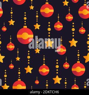 Modello perfetto per le vacanze con stelle dorate e globi rossi. Sfondo ripetitivo natalizio con decorazioni appese. Illustrazione Vettoriale