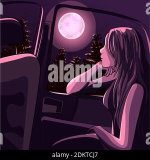 Ragazza meditando sotto la luce della luna all'interno dell'auto. Giovane donna che guarda attraverso la finestra alla foresta. Illustrazione Vettoriale