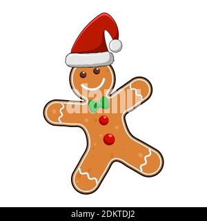 Gingerbread uomo cartoon illustrazione isolato su sfondo bianco. Personaggio dei biscotti allo zenzero di Natale. Delizioso biscotto sorridente con cappello rosso. Vettore stagionale Illustrazione Vettoriale