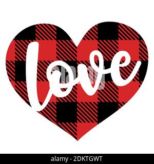 Amore - decorazione di Natale o San Valentino su motivo scozzese senza cuciture plaid. Biglietto d'auguri per il giorno dell'amore. Saluto con motivo bufalo di colore invernale Illustrazione Vettoriale