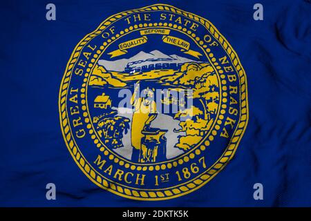 Primo piano di un fotogramma intero su una bandiera ondulata del Nebraska (USA) nel rendering 3D. Foto Stock