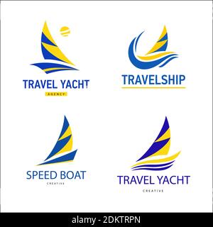 Imposta il cartello blu luminoso delle barche da viaggio. Design moderno logos barca a vela per le imprese. Logotipo vettoriale isolato su sfondo bianco. Illustrazione Vettoriale