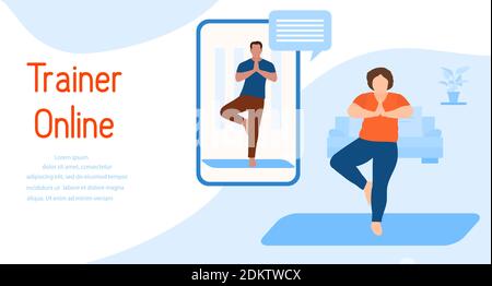Illustrazione vettoriale addestramento con un addestratore in linea addestramento di idoneità di sport A casa attività sportive online sano stile di vita attivo Yoga per tutti Illustrazione Vettoriale