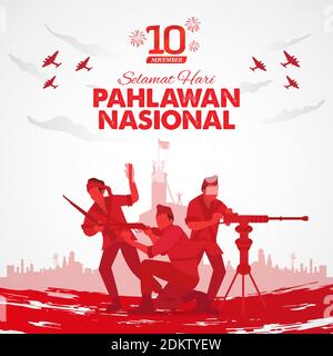 Selamat hari pahlawan nasional. Traduzione: Giornata felice degli Eroi nazionali indonesiani. Illustrazione vettoriale per biglietto d'auguri, poster e banner Illustrazione Vettoriale