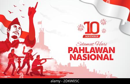 Selamat hari pahlawan nasional. Traduzione: Giornata felice degli Eroi nazionali indonesiani. Illustrazione vettoriale per biglietto d'auguri, poster e banner Illustrazione Vettoriale