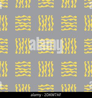 Vettoriale geometrico tessere mosaico a strisce pittoriche motivo senza cuciture sfondo. Sfondo grigio giallo con quadrati tagliati. Design a effetto trapuntato Illustrazione Vettoriale
