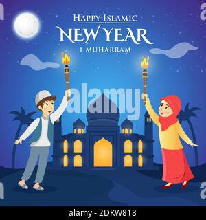 Felice illustrazione islamica del nuovo anno. Carino cartoon musulmani bambini tenere torcia che celebra il nuovo anno islamico con stelle e moschea come sfondo. Illustrazione Vettoriale