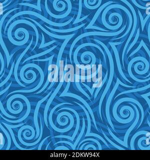 Linee fluide blu, angoli e spirali su uno sfondo blu vettoriale senza cuciture pattern.Abstract wave texture o Swirl vintage ornamento. Illustrazione Vettoriale