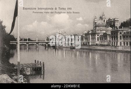 Retro photo of Turin International Exhibition. Panorama seen from the Russian Pavilion. Italy. 1911 The Turin International was a world's fair held in Stock Photo