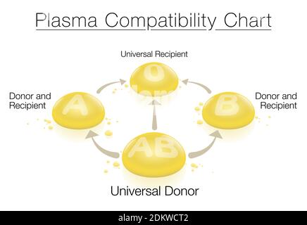 Tabella di compatibilità del plasma con il donatore universale AB e il ricevente universale 0 - riguardante la donazione e la trasfusione di sangue e plasma. Foto Stock