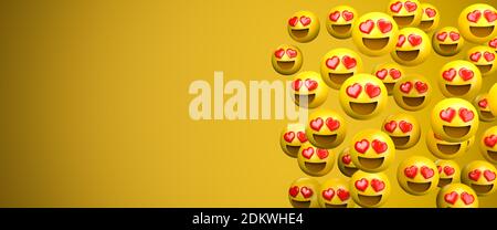 rendering 3d di un grande gruppo di emoji smileys con cuori rossi come occhi. Occhi del cuore - faccia del cuore. Concetto di amore. Spazio di copia - dimensione banner Web. Foto Stock