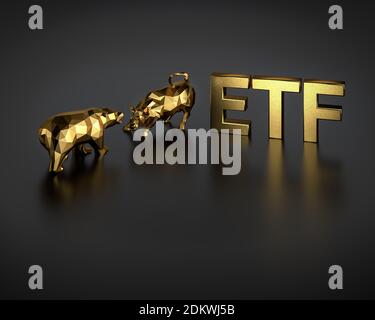 Concetto di fondo scambiato in borsa. Un toro e un orso oltre al testo d'oro ETF. Foto Stock