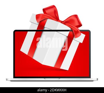 Concetto di shopping online, con un portatile moderno aperto, e confezione regalo legata al nastro rosso. Illustrazione vettoriale realistica per la decorazione di disegno di shopping di festa, isolata sullo sfondo bianco. Illustrazione Vettoriale