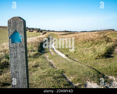 Indicatore direzione South Downs Way. Un cartello sulla 100 miglia a piedi lungo la costa sud dell'Inghilterra tra Eastbourne e Winchester. Foto Stock