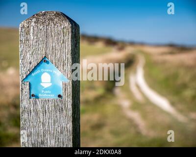 Indicatore direzione South Downs Way. Un cartello sul sentiero pubblico South Downs che corre per 100 miglia lungo la costa sudest del Sussex in Inghilterra. Foto Stock