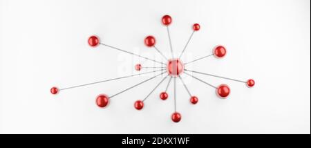 Rete, sfere rosse connesse, globi, sfere o sfere, connessione, sfondo concettuale del lavoro di squadra, sfondo bianco, rappresentazione grafica 3d cgi Foto Stock