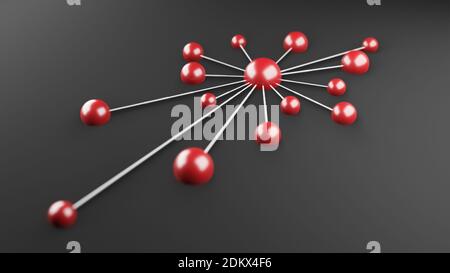 Rete, sfere rosse connesse, globi, palline o sfere, connessione, sfondo concettuale del lavoro di squadra, sfondo nero, rappresentazione grafica 3d cgi Foto Stock