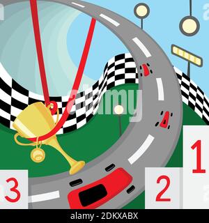 Illustrazione di Car Racing con auto, pista da corsa e premio Illustrazione Vettoriale