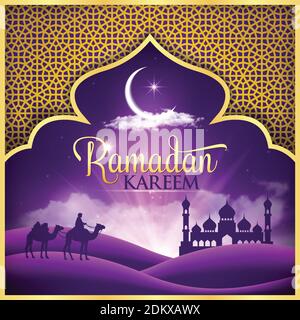 Sfondo Ramadan kareem. Illustrazione vettoriale con moschea arabica del deserto e luna in viola. Festivo Ramadan saluti scheda design Illustrazione Vettoriale