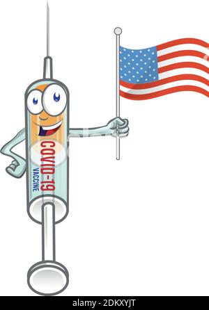 Siringa medica vaccino corona virus covid-19 con bandiera USA . vettore cartoon illustrazione Illustrazione Vettoriale