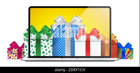 Concetto di shopping online, con un computer portatile, e confezioni regalo, coperto con carta da imballaggio colorata. Illustrazione vettoriale per la decorazione di disegno di shopping di festa, isolata sullo sfondo bianco. Illustrazione Vettoriale