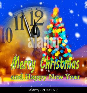 Orologio nuovo anno con decorazione e scrittura buon Natale e Felice Anno Nuovo. Foto Stock